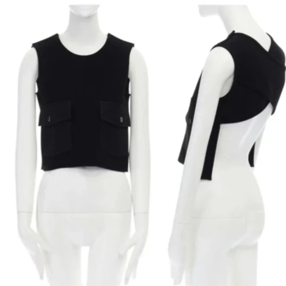 Victoria Beckham Crepe Dual Cargo Pocket Cross Strap Open Back Black Crop Top - Picture 2 of 10